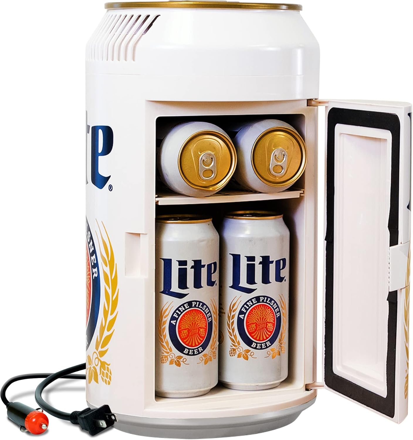 Miller Lite 8-can thermoelectric can-shaped mini fridge with carry handle